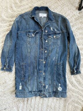 Costes Blue Distressed Long Blue Denim Jacket